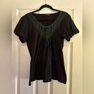 INC - Medium - Black Short Sleeve Crochet Neck Top/Shirt